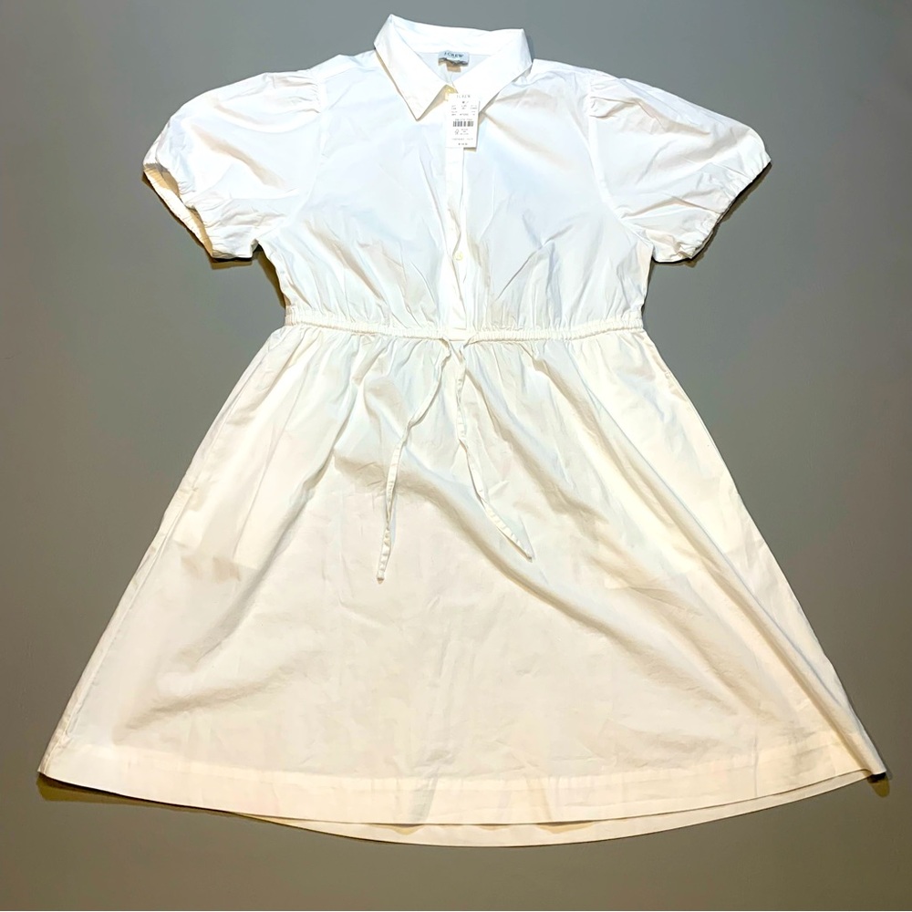 J. Crew Collared Puff Sleeve Shirt Dress White Cotton US 12 NWT